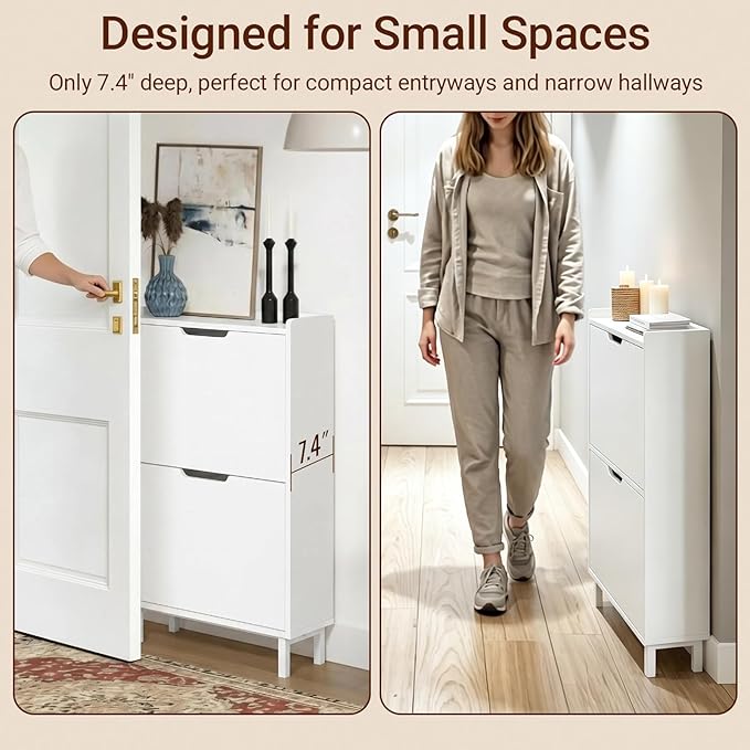 Haotian Slim Shoe Cabinet Entryway, Hidden Shoe Storage with Two Flip Drawers to Save Space, Freestanding Shoe Rack for Front Door, Entryway, Hallway (White)
