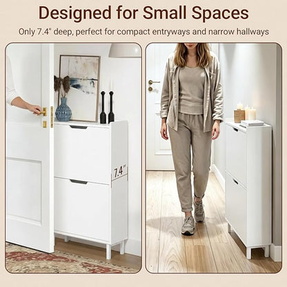 Haotian Slim Shoe Cabinet Entryway, Hidden Shoe Storage with Two Flip Drawers to Save Space, Freestanding Shoe Rack for Front Door, Entryway, Hallway (White)
