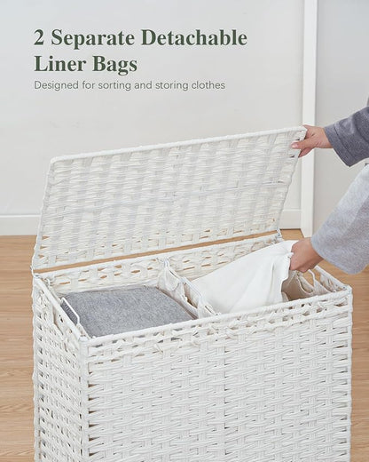 SETVSON Laundry Hamper with Lid,112 L Handwoven Rattan Wicker Laundry Basket, 2 Removable Liner Bags Metal Heightened Feet,6 Mesh Bags,2 Section Large Clothes Hamper for Bathroom Bedroom, Cloud White