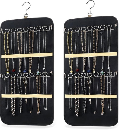 2 Pack Hanging Jewelry Organizer Storage with 32 Pockets and Hooks Dual-Sided Hanging Jewelry Organizers and Storage Hang on Closet, Wall, Door for Earrings, Necklaces, Rings,Blcak