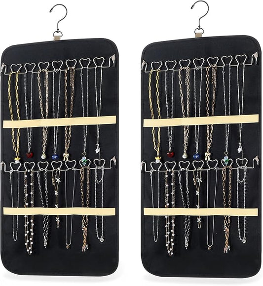 2 Pack Hanging Jewelry Organizer Storage with 32 Pockets and Hooks Dual-Sided Hanging Jewelry Organizers and Storage Hang on Closet, Wall, Door for Earrings, Necklaces, Rings,Blcak