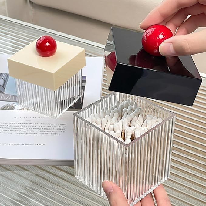 Square Acrylic Holder,Bathroom Vanity Countertop Storage Organizer,Storage Organizer Canister Jar for Cotton Swabs,Q-Tips, Make Up Pads, Cosmetics and More( Black)