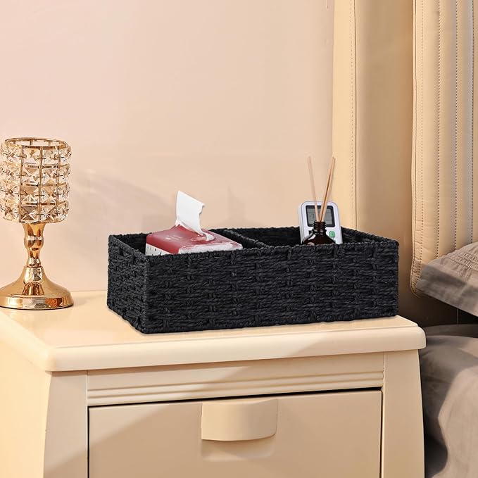 Vagusicc 2 Section Wicker Storage Basket, Black Wicker Baskets, Toilet Tank Basket, Small Baskets for Organizing Storage Shelves, 2-Pack