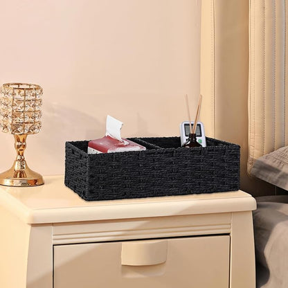 Vagusicc 2 Section Wicker Storage Basket, Black Wicker Baskets, Toilet Tank Basket, Small Baskets for Organizing Storage Shelves, 2-Pack
