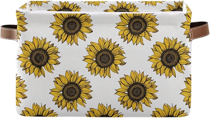 Foldable Storage Baskets, Meadow Sunflower Storage Bins with Handles, Decorative Cloth Organizer Storage Boxes for Home|Office 15 x 11 x 9.5 in
