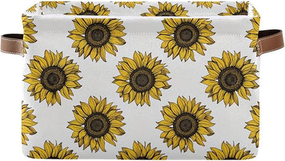 Foldable Storage Baskets, Meadow Sunflower Storage Bins with Handles, Decorative Cloth Organizer Storage Boxes for Home|Office 15 x 11 x 9.5 in