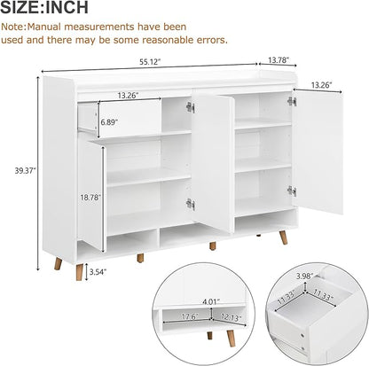 JIVOIT Shoe Cabinet with Adjustable Shelves, Drawer, Sleek and Contemporary Shoe Rack with Solid Wood Legs, Minimalist Home Organizer Storage Sideboard for Entryway, Living Room (White,167)