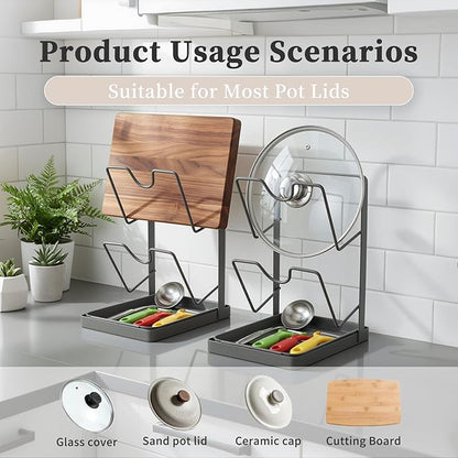 304 Stainless Steel Pot Lid Holder 2-Tier Heavy Duty Pot Lid Multifunctional Kitchen Countertop Kitchen Pot Lid Storage Rack Multifunctional Pots Lids Organizer Rack with Removable Drip Tray