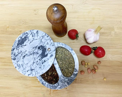 Marble Salt Box, Salt Cellar with Swivel Top and Dual Compartment, Elegant Marble Salt Box Storage Keeper for Condiments, Seasoning, Pepper.