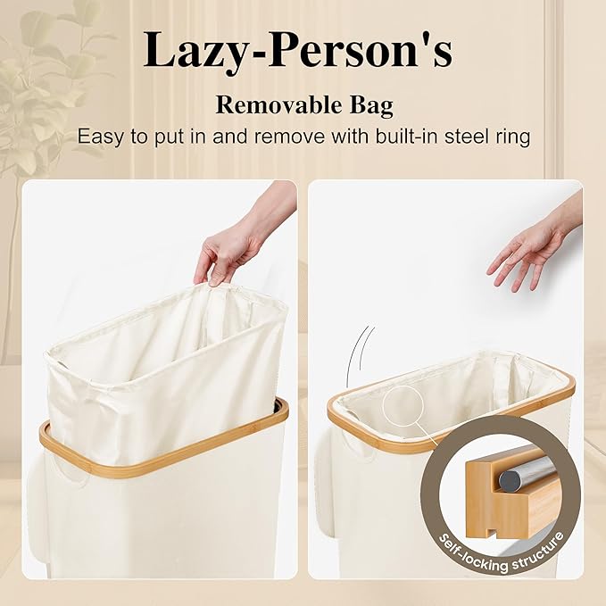 Foluck Slim Laundry Hamper, 60L Waterproof Narrow Laundry Basket with Lid and Removable Bag, Collapsible Tall Clothes Hamper with Bamboo Handles for Clothes Toys in Dorm Bedroom Bathroom, Beige