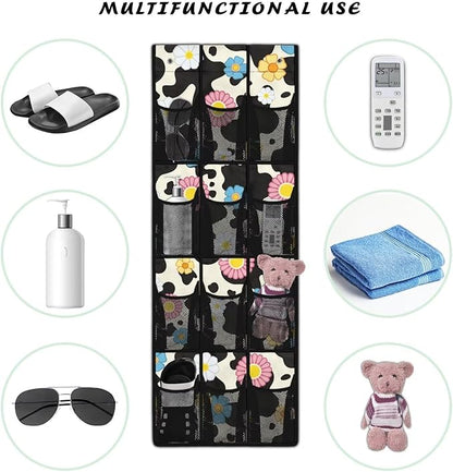 Hanging Storage Bag for Bathroom, Behind Door, Bedroom, Washing Table Storage, Space Saving Over The Door Storage Organizer with 2 Sticky Wall Hooks,Cow Flowers