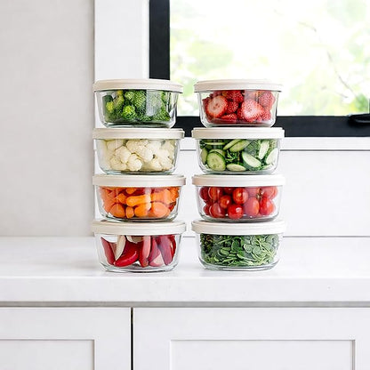 16-Piece Glass Food Storage Containers Set (8 Containers + 8 BPA-Free Lids) | 1-Cup, Leakproof | Microwave, Freezer, Oven & Dishwasher Safe | Ideal for Meal Prep & Pantry Organization, Beige