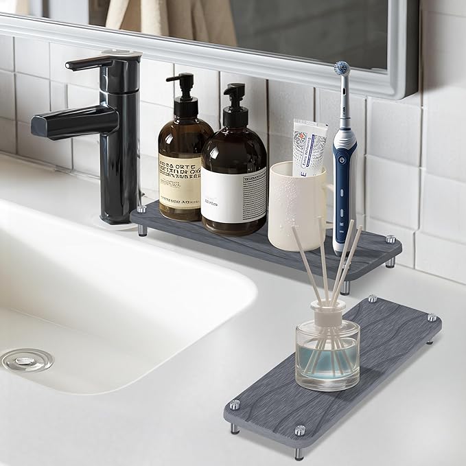 2Pcs Stone Drying Mat, Water Absorbing Stone Tray with Stainless Steel Feet, Fast Drying Diatomite Stones Sink Tray, Soap Dish Rack, Vanity Trays Dispenser Organizer for Bathroom(11"L x 4.3"W x 1.3"H)