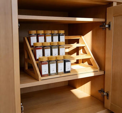 Bamboo Tier Spice Rack Organizer: 17.5 Inch Wide Kitchen Cabinet Countertop Spice Jar Organizer for Home Organization