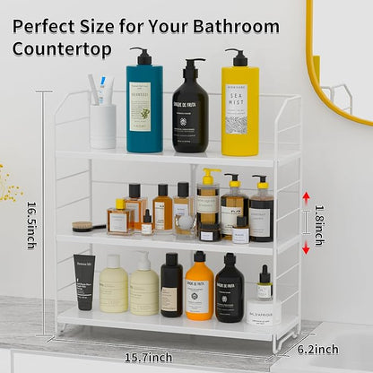BOIVSHI Bathroom Countertop Organizer, 3-Tier Bathroom Counter Organizer, 8-Levels Height Adjustable, Bathroom Organizer for Kitchen, Livingroom, Office Storage, Metal White