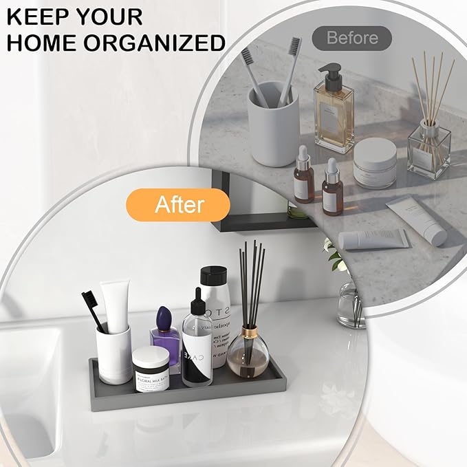 Bathroom Vanity Tray, Silicone 11.8 x 5 Inch Bathroom Counter Tray Decor, Extra-Large Bathroom Trays Holders and Organizers for Toilet Top, Dresser, Waterproof Decorative Tray, Grey