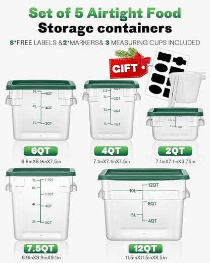4QT NSF Food Storage Containers: 8 PCS [Food Grade][Hot&Cold Resistant] Commercial Clear Food Storage Containers with Lids for Restaurant Kitchen Proof Dough, Measuring Spoons Included(Green)