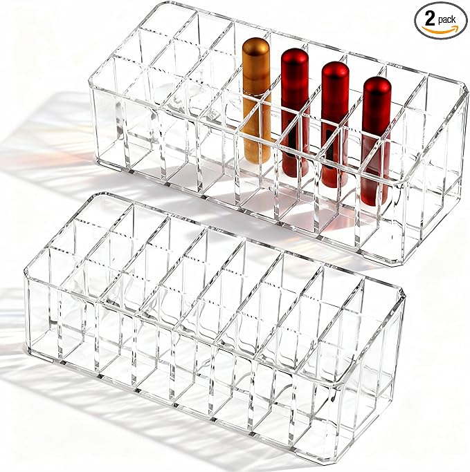 2 Pcs Rollerball Perfume Organizer, 24 Spaces Acrylic Perfume Storage Holder, Clear Beauty Scent Holder, Makeup Display Case Organizer for Lipstick Lip Glosses Brushes Perfumes Sample Mascara