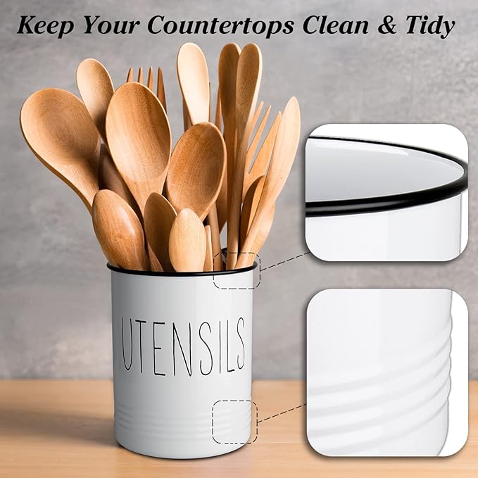 Bivvclaz Kitchen Utensil Holder, 6.7" Utensil Holder for Kitchen Counter, Cooking Utensil Crock with Cork Bottom, Modern Farmhouse Decor, Countertop Utensil Storage Caddy Organizer, White