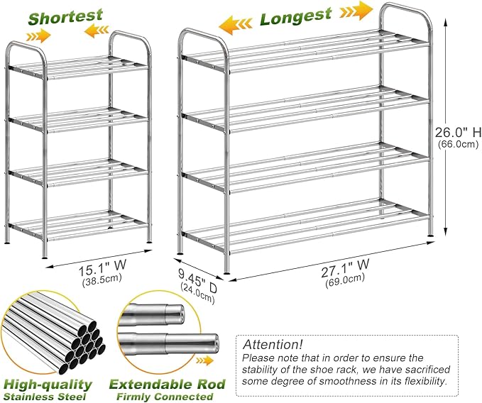 4-Tier Expandable Shoe Rack – Adjustable Heavy Duty Organizer Shelf | 100% Stainless Steel & 4-Rod Stretchable | Small Space Shoe Rack for Closet Entryway (15" to 27", Silver)
