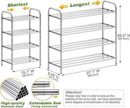 4-Tier Expandable Shoe Rack – Adjustable Heavy Duty Organizer Shelf | 100% Stainless Steel & 4-Rod Stretchable | Small Space Shoe Rack for Closet Entryway (15" to 27", Silver)
