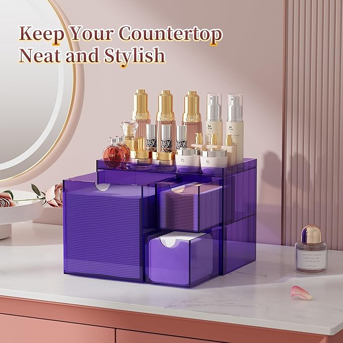 Youdepot Acrylic Face Towel Holder with Drawer – 4-Layer Disposable Face Towel Holder Organizer Box – Bathroom Countertop Storage for Cotton Pads, Swabs, and Skincare (Purple)