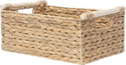Water Hyacinth Wicker Storage Basket, Rectangular Handwoven Shelf Organizer with Wooden Handles for Pantry & Closet (Large)