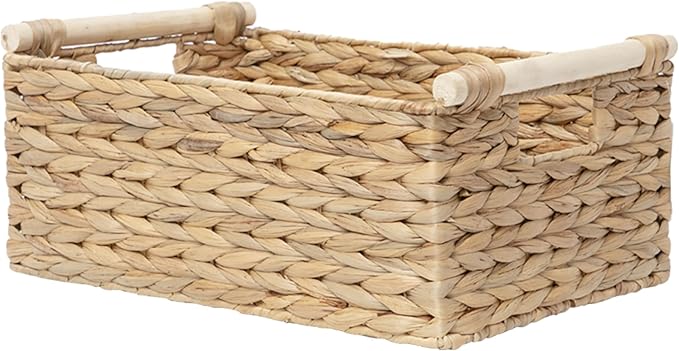 Water Hyacinth Wicker Storage Basket, Rectangular Handwoven Shelf Organizer with Wooden Handles for Pantry & Closet (Medium)