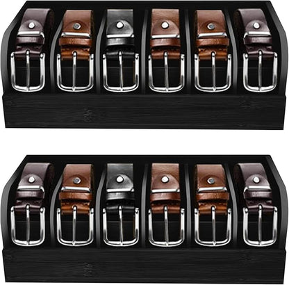 GTI Belt Organizer, 2pcs 6 Compartments Belt Organizer for Closet and Drawer, Bamboo Display Case for Tie and Belt, Belt holder Storage Organizer for Men Women (Black)