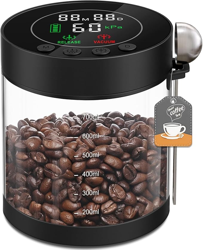 Electric Vacuum Coffee Canister, 0.8L Glass Airtight Food Storage Containers with Smart Pressure Sensor, Automatic Coffee Bean Container Rechargeable with LED Display Window for Kitchen Food Storage