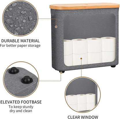 Toilet Paper Storage with Bamboo Lid,Foldable Basket Organizer for Bathroom, Holds 9 Mega/12 Regular Rolls, Waterproof Toilet Paper Holder Storage with Non-Slip Base,Gray