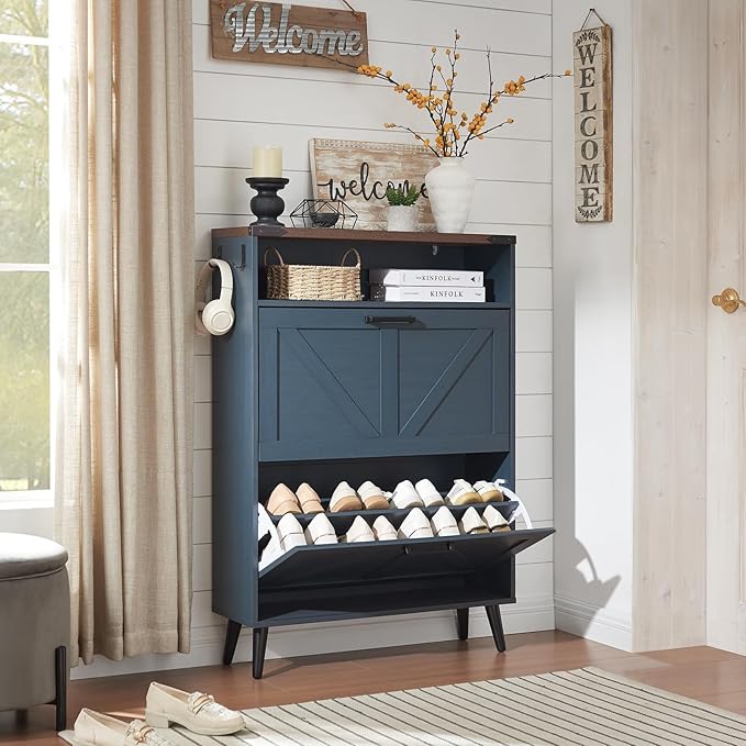Barnyatoh Shoe Storage Cabinet,Farmhouse Shoe Organizer with 2 Flip Drawers & Barn Door Design,Freestanding Hidden Slim Narrow Shoe Rack Cabinet with Open Storage for Entryway, Foyer,Hallway,Navy Blue