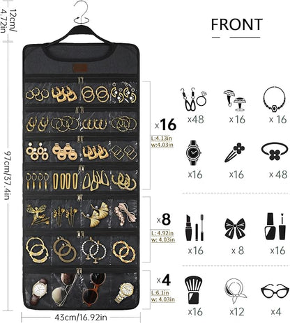SMRITI Hanging Jewelry Organizer with Dual Zippered Pockets Canvas Double Sided Rotating Hanger Necklace Hanging Wall Organizer Earring Dustproof Holder Wall Mount Accessories Display Bag(Dark Grey)
