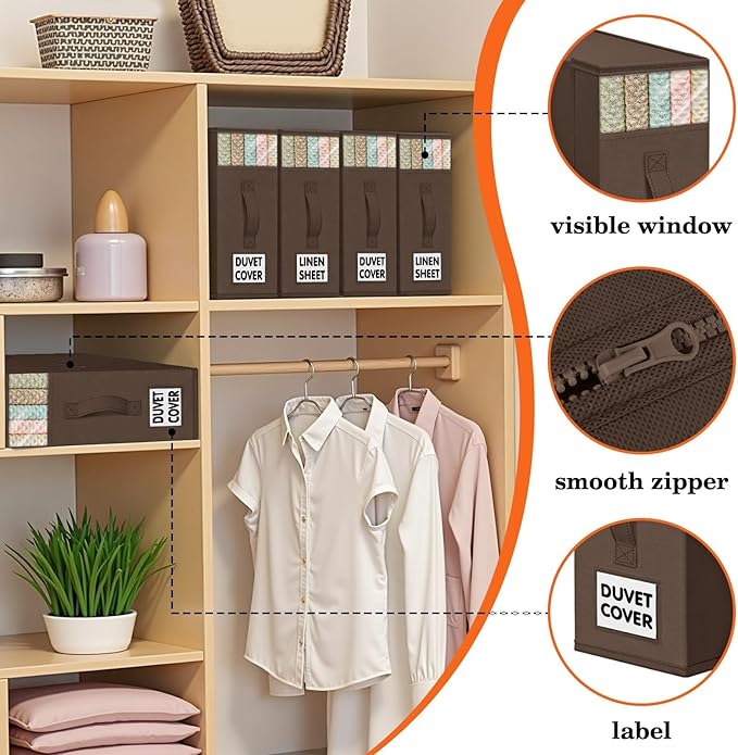 WOWBOX Sheet Organizers and Storage,Closet Bed Sheet Organizer Under Bed Storage and Organization with Label Cards & Clear Window for Bedding Sheets,Duvet Covers,Blankets (10 Pack，Brown)