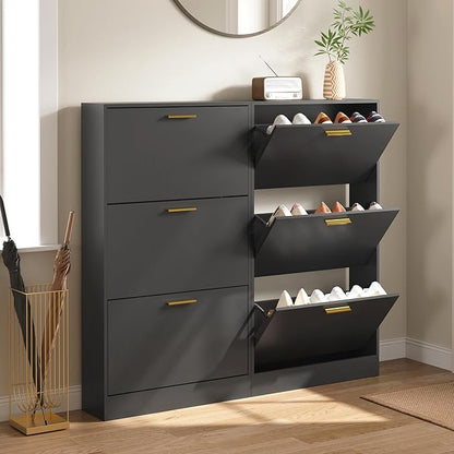 Shoe Cabinet with 3 Flip Drawers, Shoe Cabinet Storage for Entryway, Black Modern Shoe Organizer Wood, Freestanding Small Thin Shoe Racks with Doors, Black