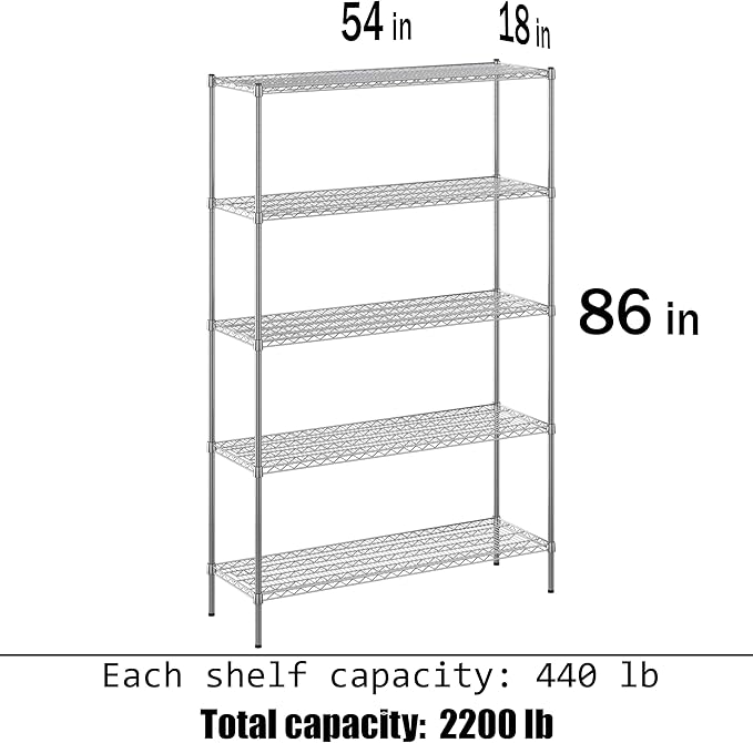18" Deep x 54" Wide x 86" Height Wire Shelving Kit | 5-Tier | NSF Commercial Storage Rack Unit