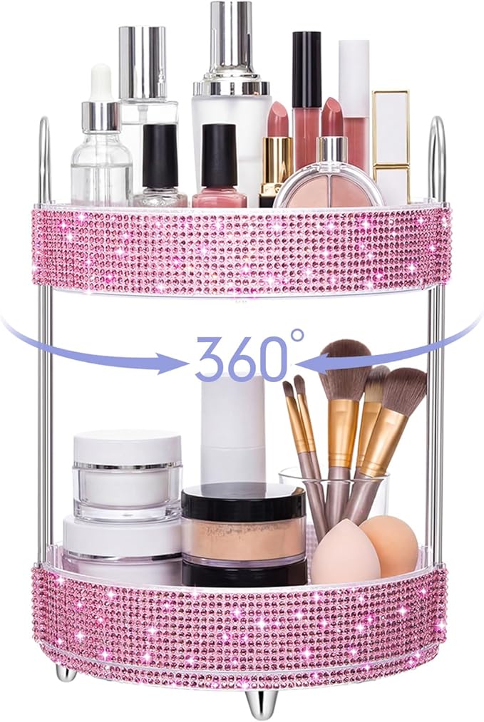 Honeydak 360 Rotating Perfume Organizer for Mother Day Nurse Day Rhinestone Bathroom Counter Organizer Makeup Holder Skincare and Perfume Storage for Cosmetic Countertop(2 Tiers,Resin Stone,Pink)