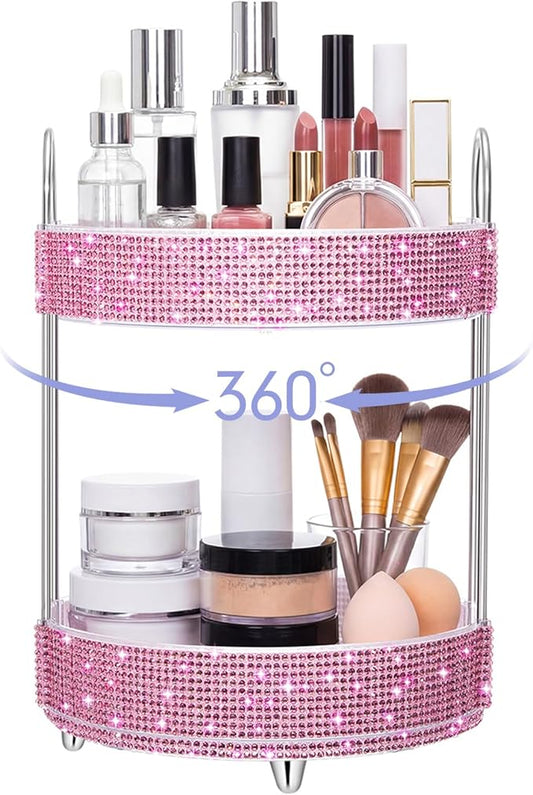 Honeydak 360 Rotating Perfume Organizer for Mother Day Nurse Day Rhinestone Bathroom Counter Organizer Makeup Holder Skincare and Perfume Storage for Cosmetic Countertop(2 Tiers,Resin Stone,Pink)