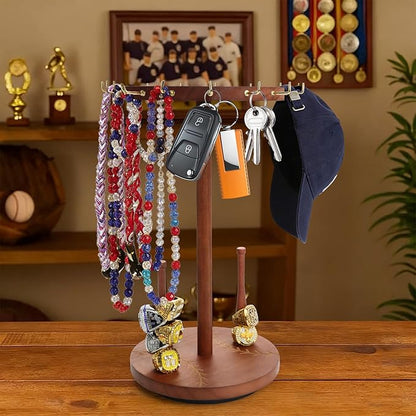 Baseball Necklace Holder,Baseball and Softball Jewelry Organizer,Wooden Ring Holder Display with Baseball Drip,360° Rotating Championship Ring Display.Baseball & Softball Gift for Players Fans.