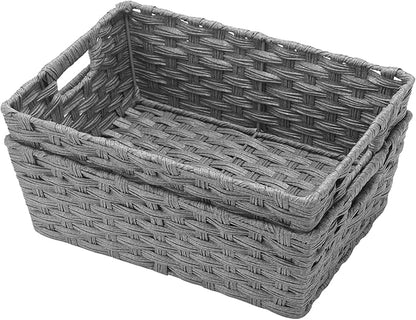 Onlytak Large Wicker Storage Basket, Metal Frame, Set of 2, Washable Waterproof, 15" x 10.3" x 5.2", Grey Color, Woven Basket for Pantry, Toilet, Bathroom, Bedroom, Patio