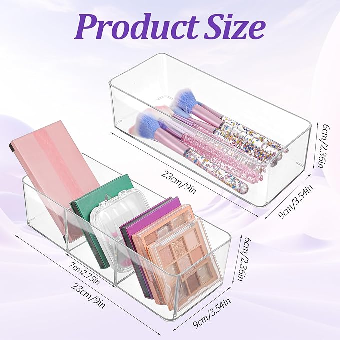 Acrylic Organizer, 2PK Cube Sections Makeup Organizer for Drawer, Makeup Organizer for Vanity, Countertop, Bathroom, Kitchen and Cabinet Storage(1+3 Compartment)
