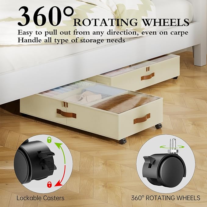 Yecaye Under Bed Storage with Wheels, 2 Pack Under Bed Storage Containers with Adjustable Dividers & Clear Lid, Rolling Underbed Organizer Bins Drawer for Clothes, Shoes, Blankets(30.3 x 16 x 6.7in)