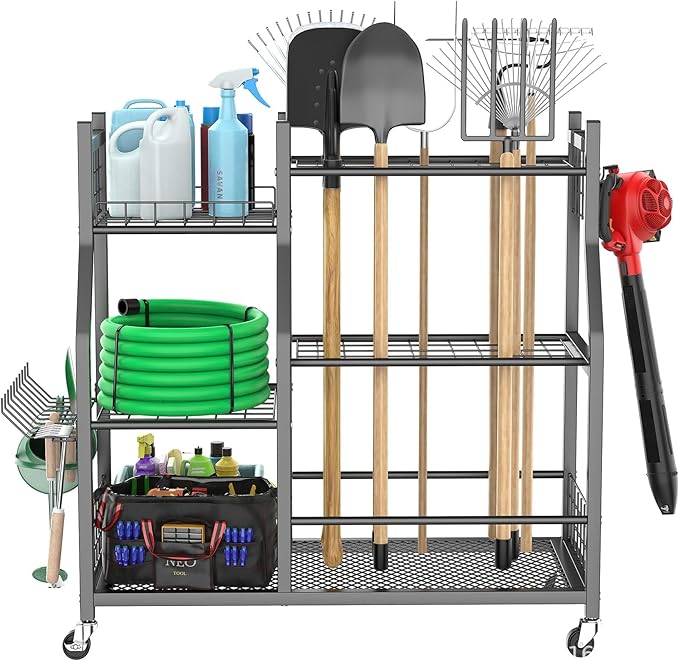 Extra Large Garden Tool Organizer Rack with Wheels, 3x2 Heavy Duty Garage Storage Stand Holds 60+ Tools, Black