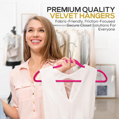 Techzoo Premium Velvet Hangers 50 Pack Ultra Thin Non Slip Adult Felt Space Saving Suit Hanger for Closet Heavy Duty Coat Pants Jackets Dress Hangers 360° Swivel Hook Hold Upto 10 lbs Dark Pink
