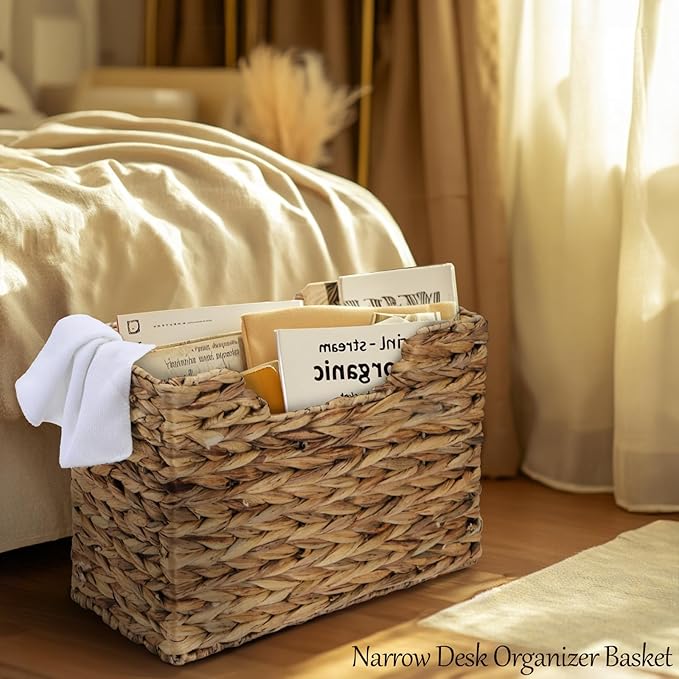 Yesland Hand-Woven Magazine Basket, Natural Narrow Water Hyacinth Holder Magazine Wicker Basket Organizer for Files, Decorative Divided Magazine Storage Basket Bin with Handle for Home, Office, Desk