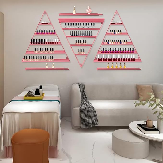 Metal Wall-Mounted Nail Polish Storage Racks, Nail Polish Storage Racks 6PCS Triangular Cosmetic Display Racks Metal Wall Mounted Nail Polish Rack for Spa Nail Salon Shop Home (Pink)