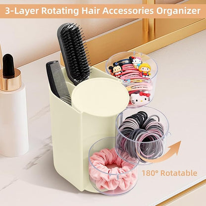 neotidy Hair Accessories Organizer with Hair Brush Holder, Rotating Hair Tie Product Organizer for Girls, 3-Tier Makeup Brush Holder for Clips, Bows & Brushes (Beige, 3-Tier)