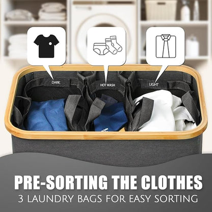 Hampers for Laundry Basket with Lid, 160L Extra Large 3 Section Clothes Divided Organizer for Bedroom, Laundry Room, Dirty Clothes Hamper, Grey