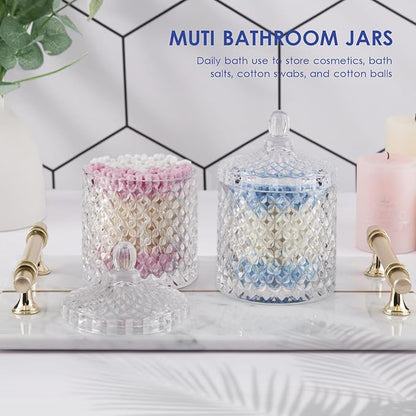 ALAMHI Q tip and Cotton Ball Holder Glass Apothecary Jar with lid, Small Bathroom Vanity Organizer and Storage Qtip Jar for Aesthetic Room Decor