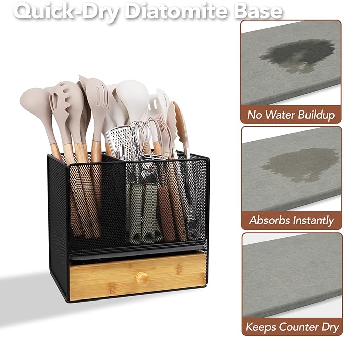 Kitchen Utensil Holder Countertop, Extra Large Utensil Organizer with Drawer, 2-In-1 Utensil & Silverware Holder for Countertop, Kitchen Organizer for Cookware Spatula, with Quick Dry Diatomite Base